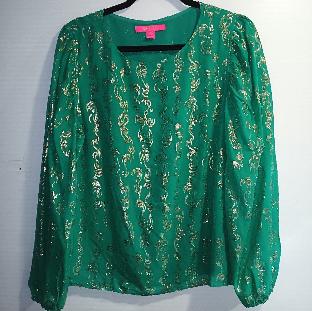Lilly Pulitzer Idina Long Sleeve Silk Green and Gold Medium